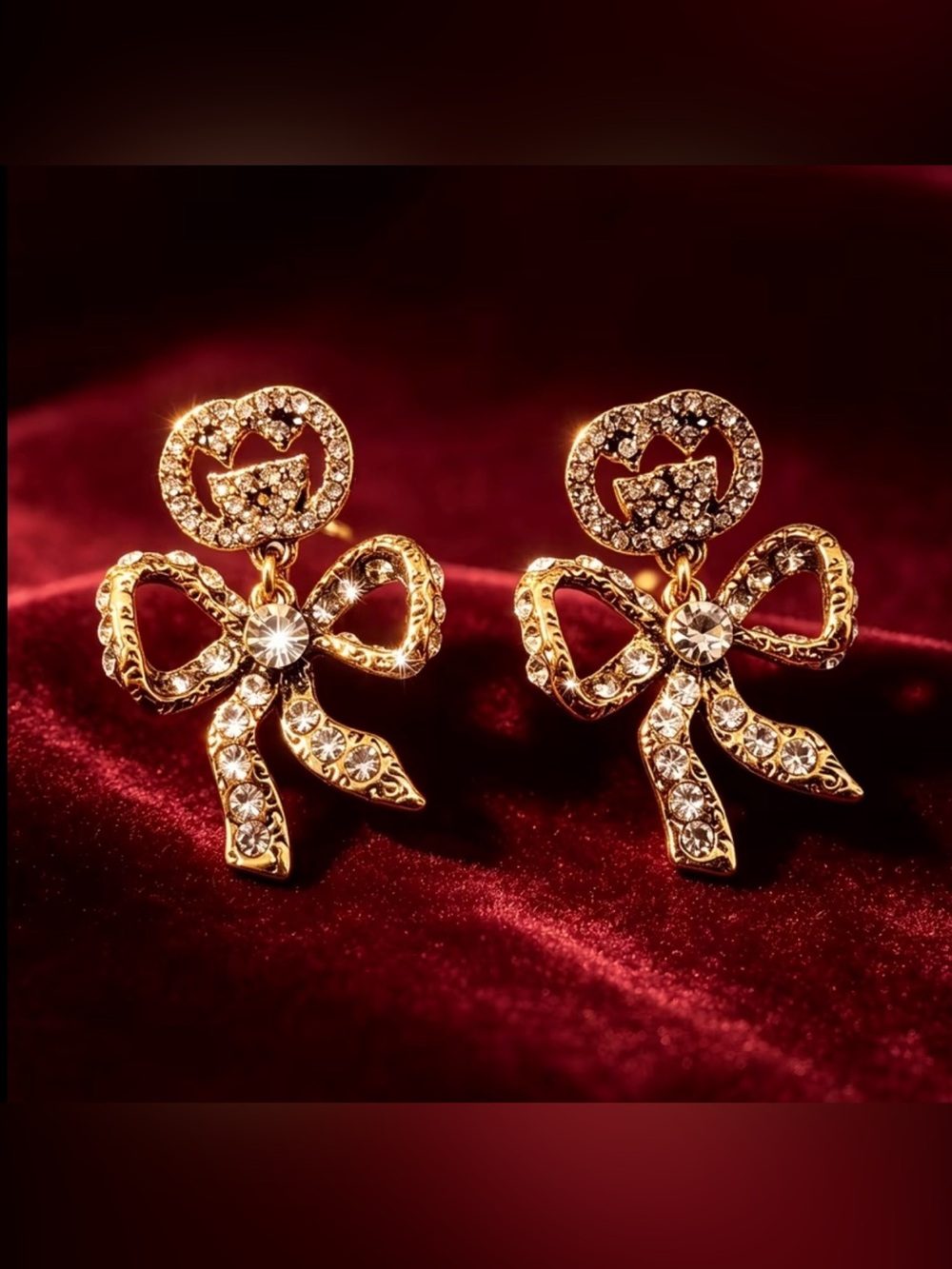Gold Crystal Bow Drop Earrings - Women's Jewelry